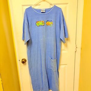 CANTOO Fish Graphic Blue Midi Dress Short Sleeve Pocket Cover Up